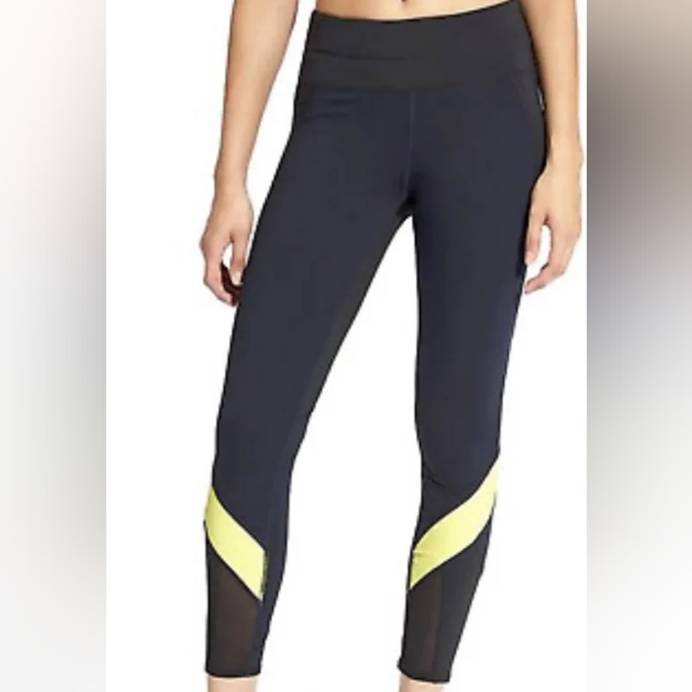 Athleta Sonar 7/8 Leggings M Black Blue Colorblock Mesh‎ Zip Pocket